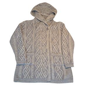 Ireland 100% Merino Wool Grey Purple Cable Knit Hooded Long Cardigan Warm sz L